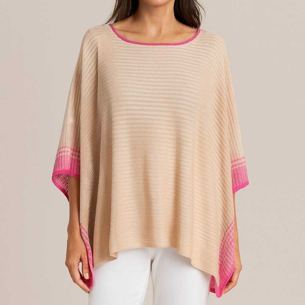 Coldwater Creek Beige Linen Blend Poncho with Pink Trim M/L Boho Lightweight